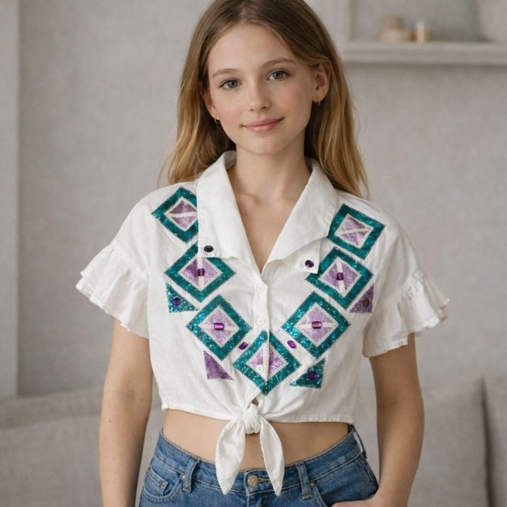 White Cropped Tie Front‎ Blouse